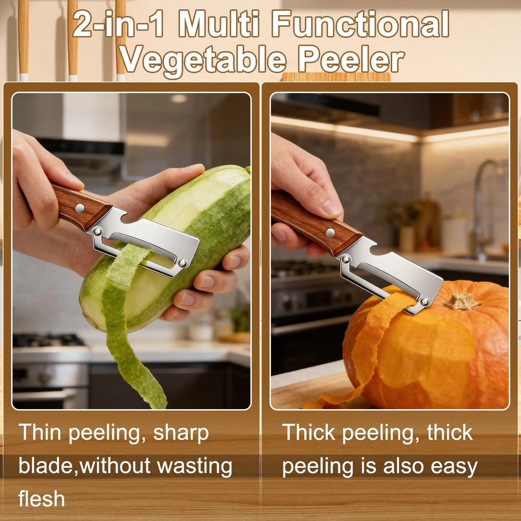 Premium Vegetable Peeler with Wooden Handle and Bottle